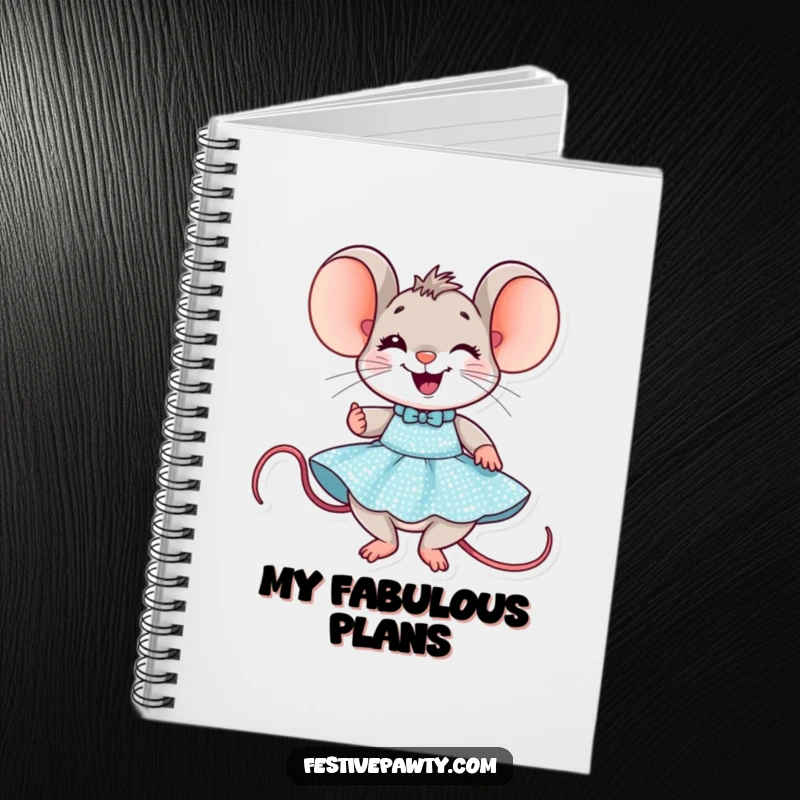 Funny Mouse Party Notebook: A delighted mouse character grins while trying on a dazzling sequined party dress, ready for your notes.
