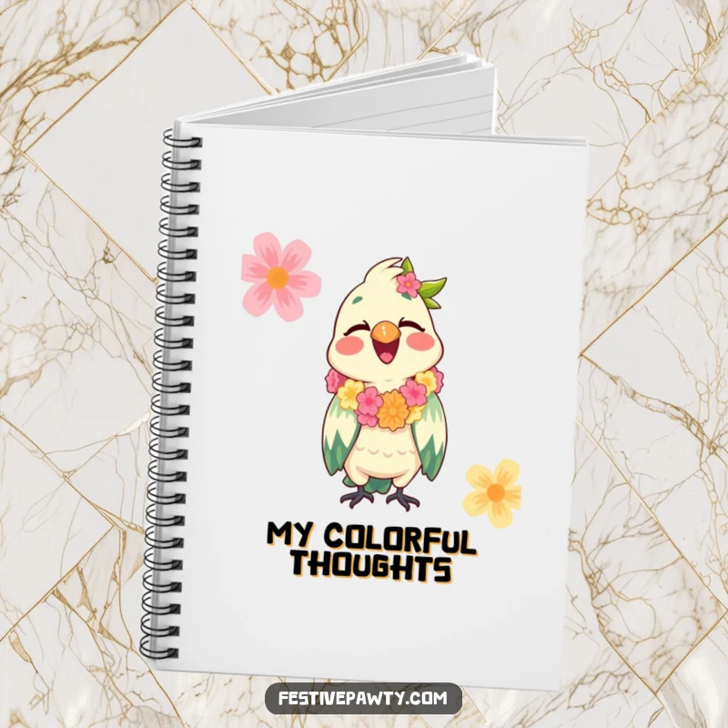 Funny Parrot Notebook showing a giggling parrot wearing a festive lei, perfect for jotting down tropical-themed ideas and notes.