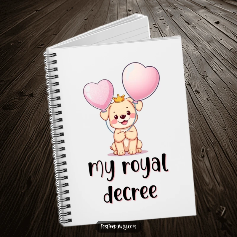 Funny Notebook featuring a happy puppy in a tiny crown, holding a giant glittering balloon, perfect for jotting down ideas and plans.