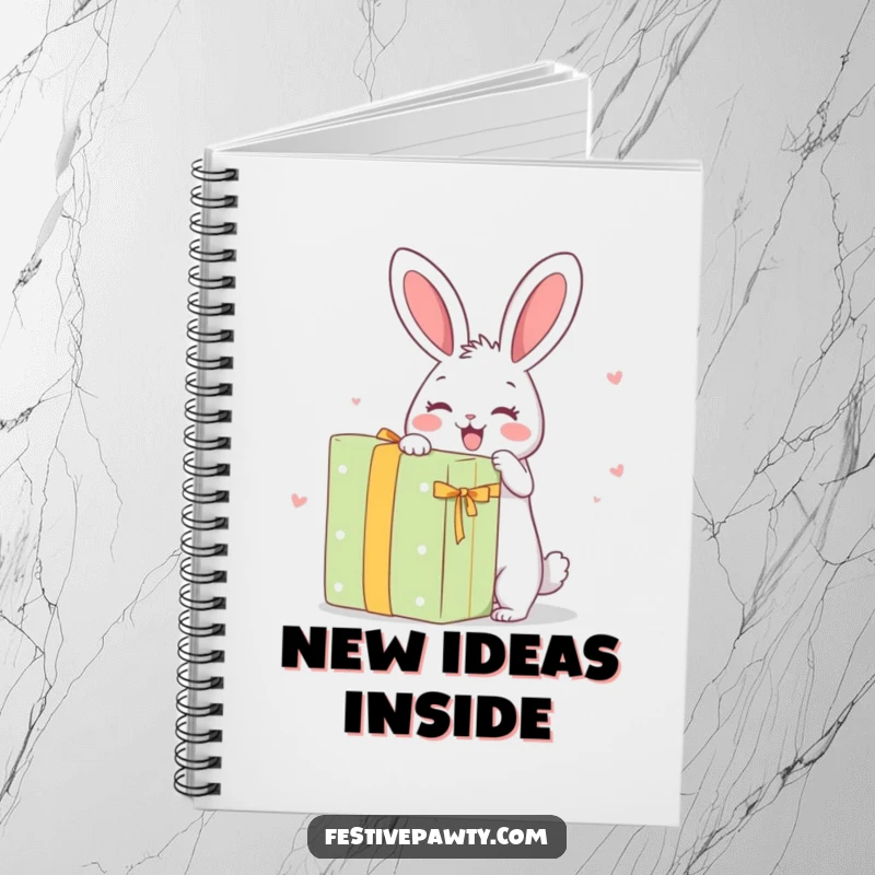 Funny Notebook: A happy rabbit character joyfully unwrapping a large surprise gift, ready for creativity.