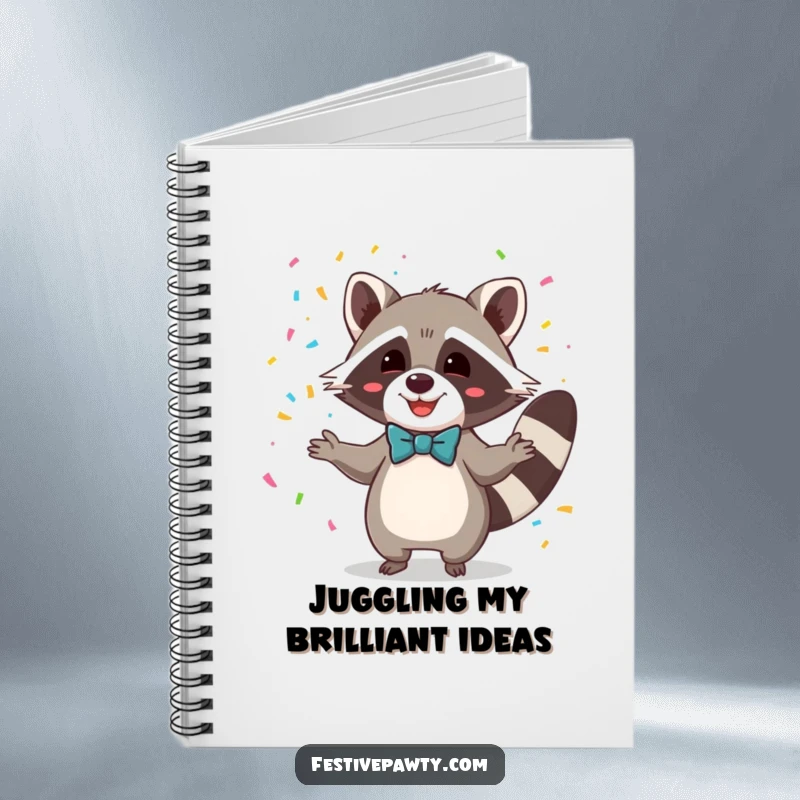 Funny notebook with a delighted raccoon in a bowtie, juggling colorful confetti, perfect for capturing ideas humorously.