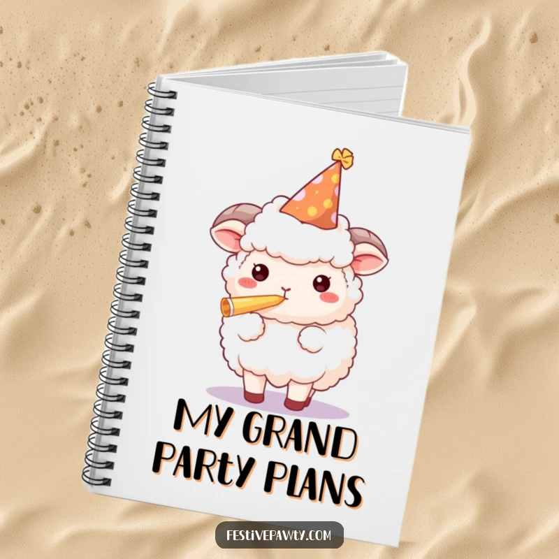 Funny sheep notebook featuring a fluffy character in a party hat blowing a horn, great for notes, plans, or festive doodles.