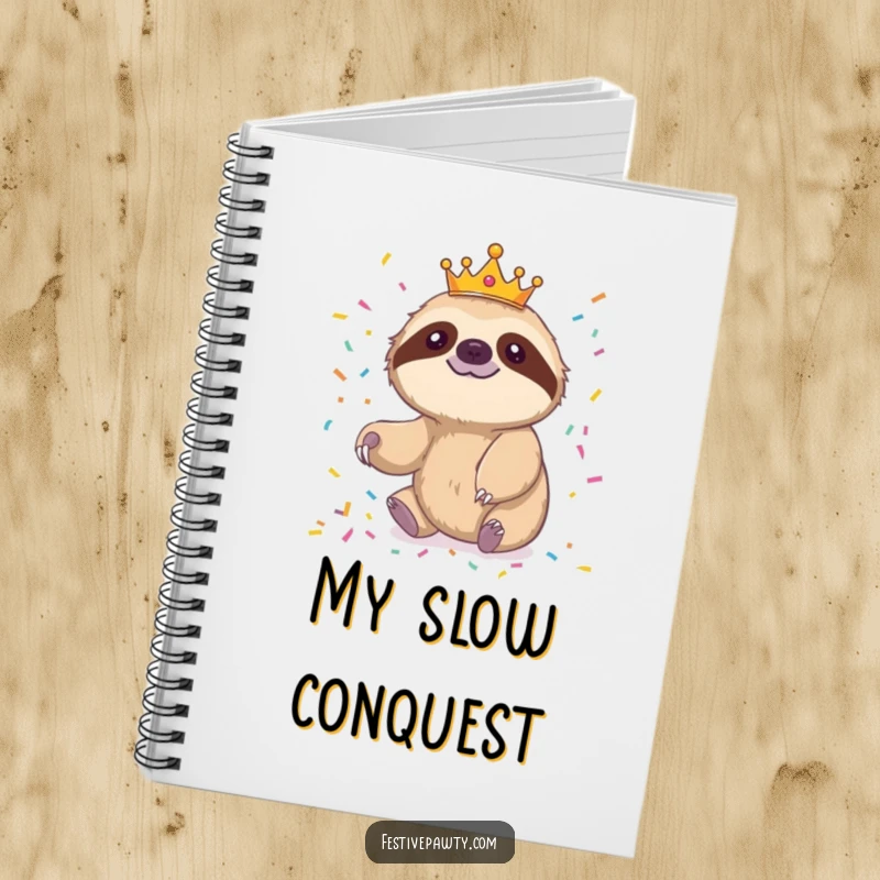 Funny sloth notebook featuring a crowned sloth slowly reaching for confetti, ideal for journaling.