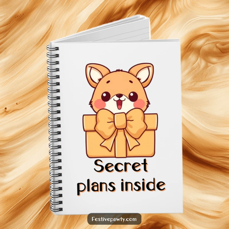 Funny notebook featuring a surprised animal character peeking from behind a large gift bow, perfect for capturing surprising thoughts.