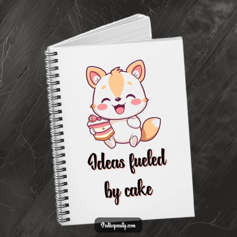 Funny notebook featuring an enthusiastic animal character holding a delectable slice of cake, perfect for notes and doodles.