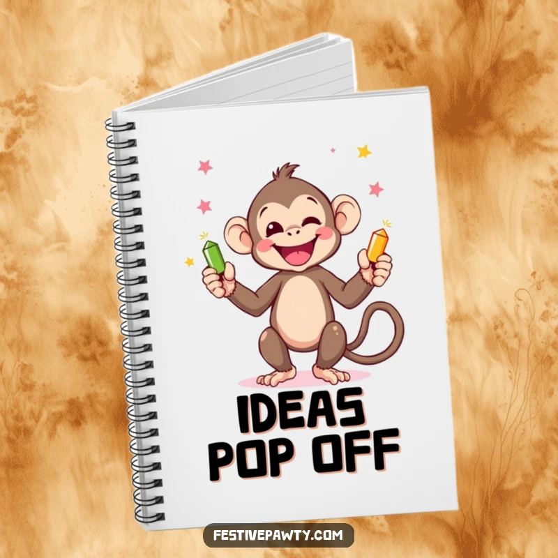 Funny Monkey Notebook: A happy monkey juggling tiny party poppers with its hands and tail, inspiring creativity and laughter.
