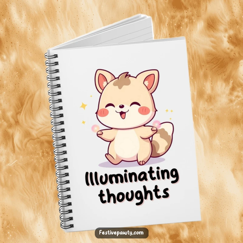 Funny notebook cover with a happy animal character juggling bright, glowing party lights, inspiring creativity and cheerful note-taking.