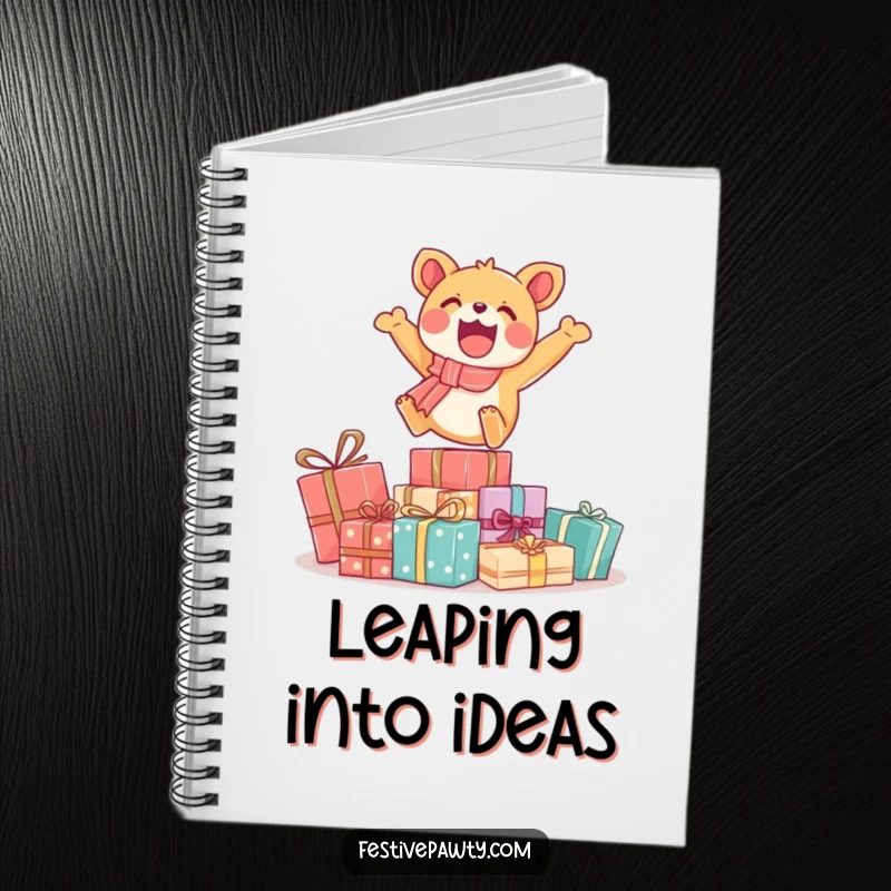 Funny notebook cover with an animated animal character joyfully leaping over wrapped gift boxes, inspiring creative writing and note-taking.