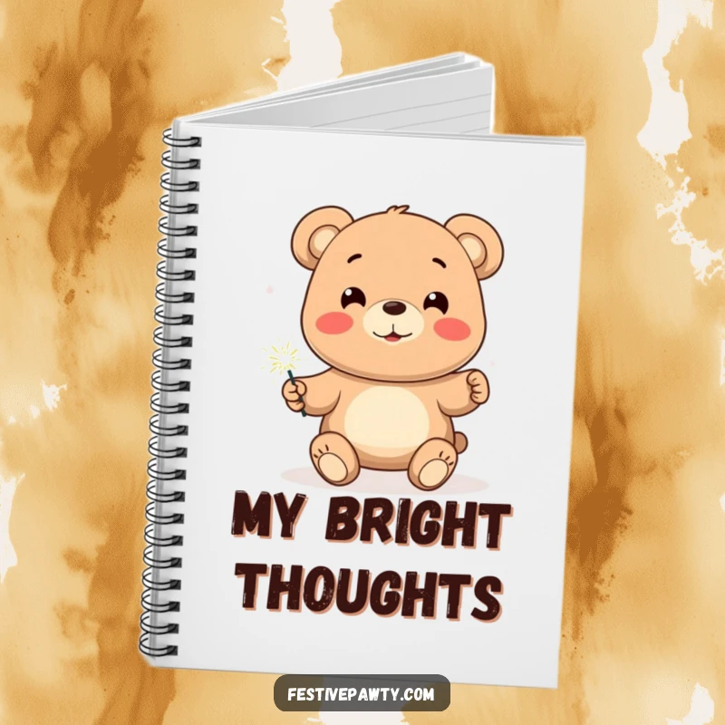 Funny Bear Notebook depicting a smiling bear character holding a brightly lit sparkler, perfect for creative journaling and notes.