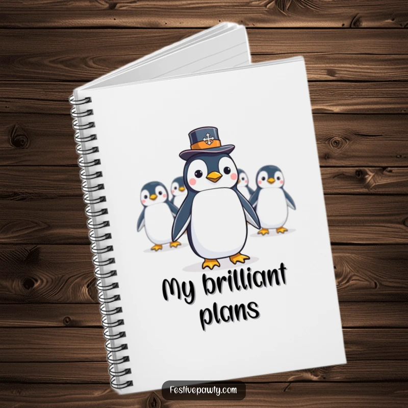 Funny Notebook with a penguin in a top hat leading a conga line, ideal for capturing ideas with a touch of celebration.
