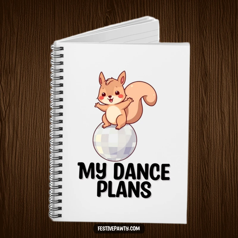 Funny Notebook: A happy squirrel character dancing on a disco ball, ready to jot down inspiration.