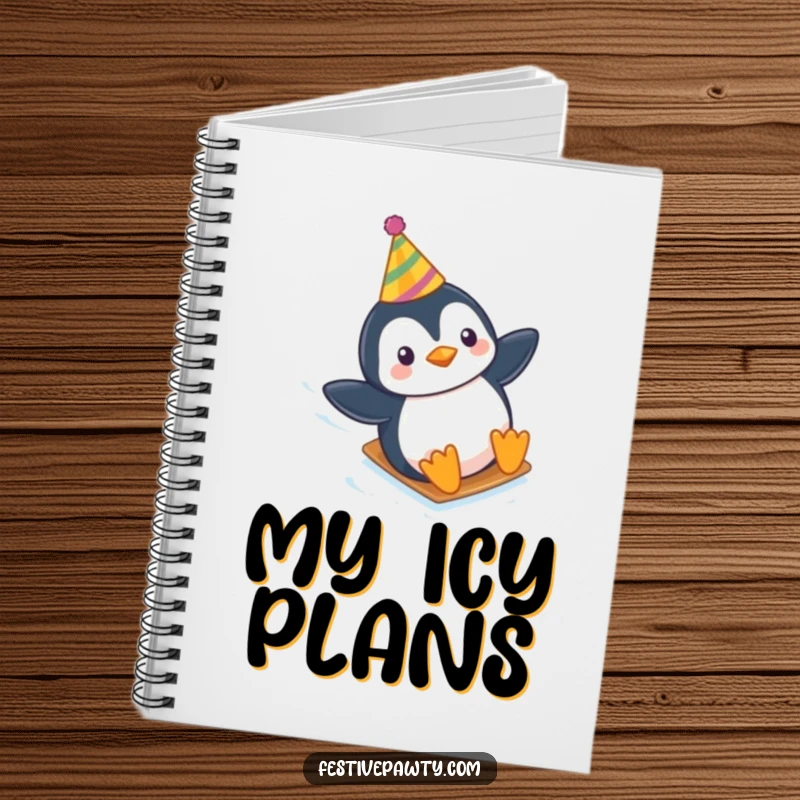 Funny notebook with a playful penguin wearing a party hat, sliding down an icy slope, perfect for jotting ideas.