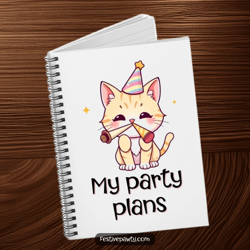 Funny cat notebook with a cover showing a character in a party hat blowing a party horn, perfect for journaling celebrations.