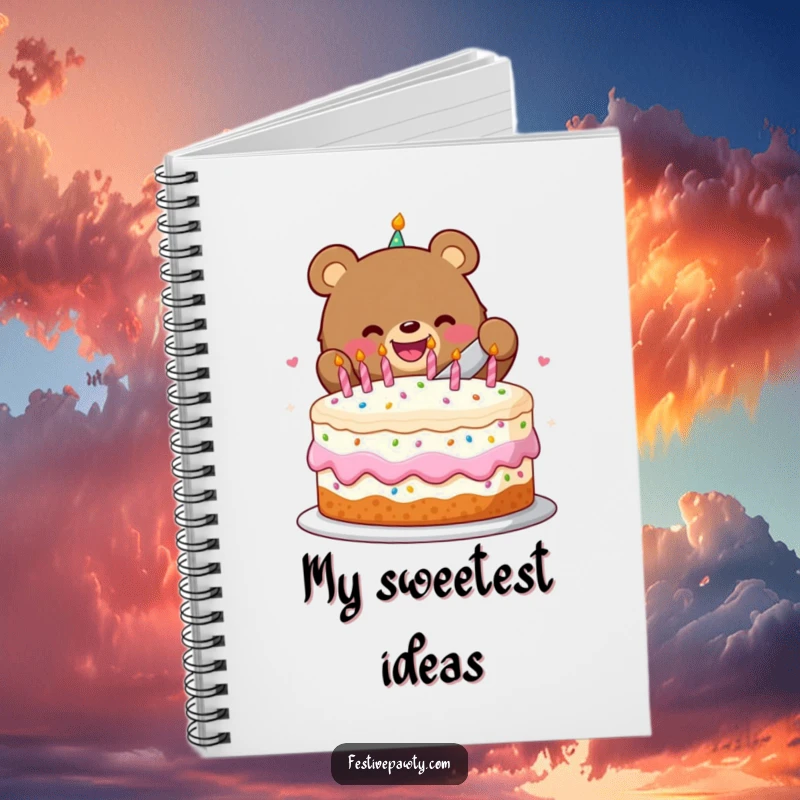 Funny notebook with a happy bear character slicing a festive birthday cake, perfect for writing down celebrations.