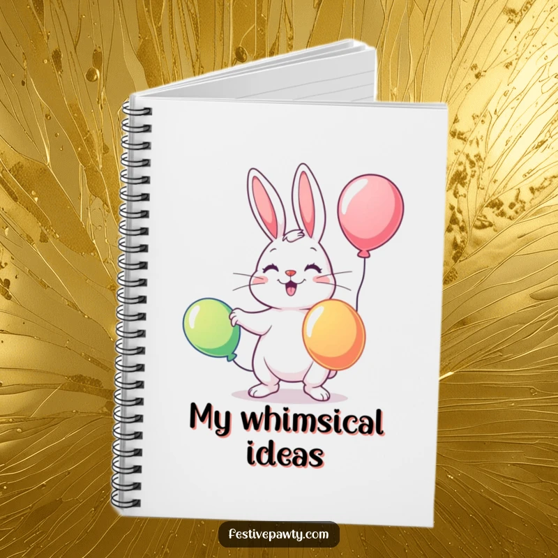 Funny notebook cover showing a playful rabbit juggling three vibrant balloons, ready to inspire brilliant thoughts and creative ideas.