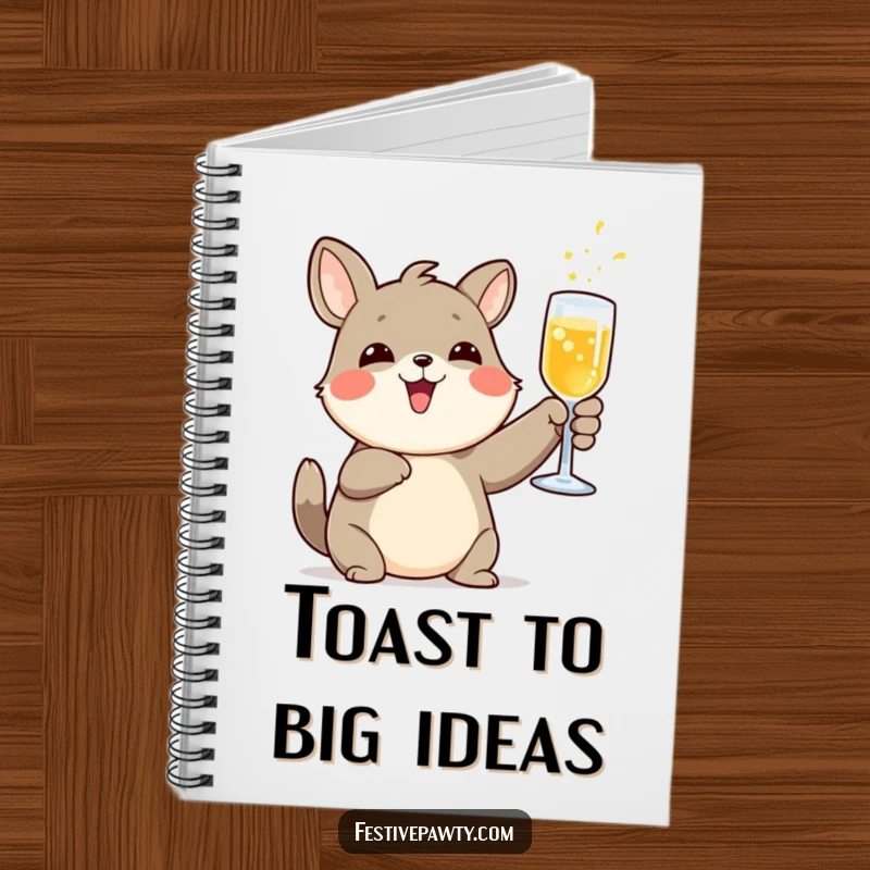 Funny notebook featuring a delighted animal character raising a glass of fizzy drink in a toast, perfect for jotting notes.