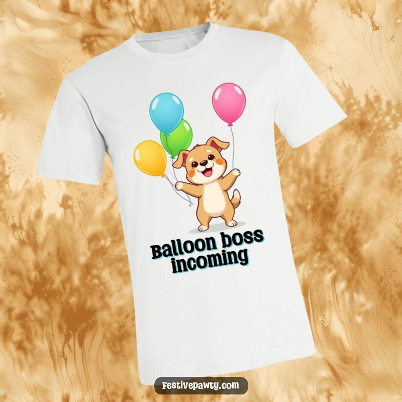 Funny Dog T-Shirt: An illustration of a giddy dog with a big smile, energetically juggling colorful balloons, radiating happiness.
