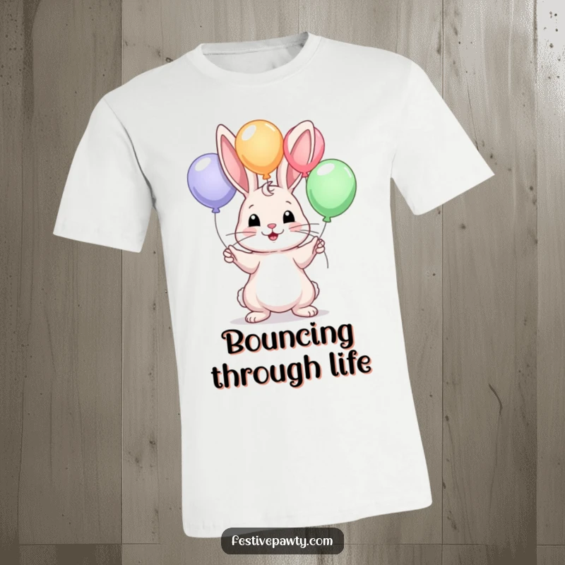 Funny t-shirt showcasing a cheerful rabbit artistically juggling bright balloons, radiating fun and playful energy.