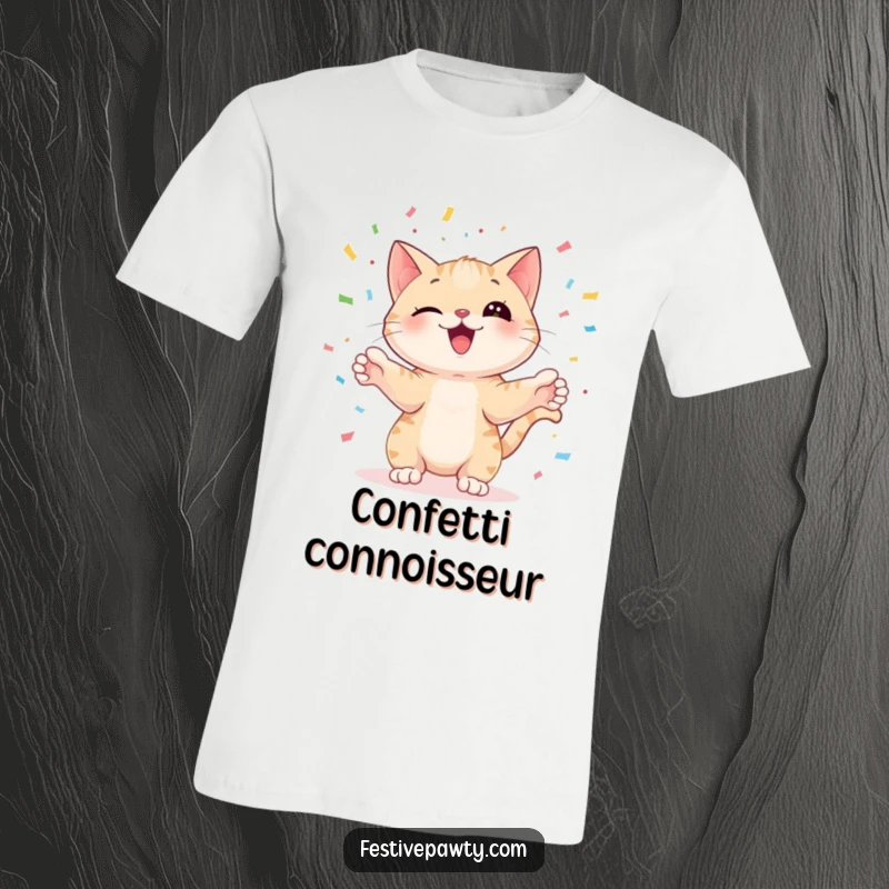Funny cat character playfully juggling colorful confetti with its paws, featured on a t-shirt for a hilarious look.