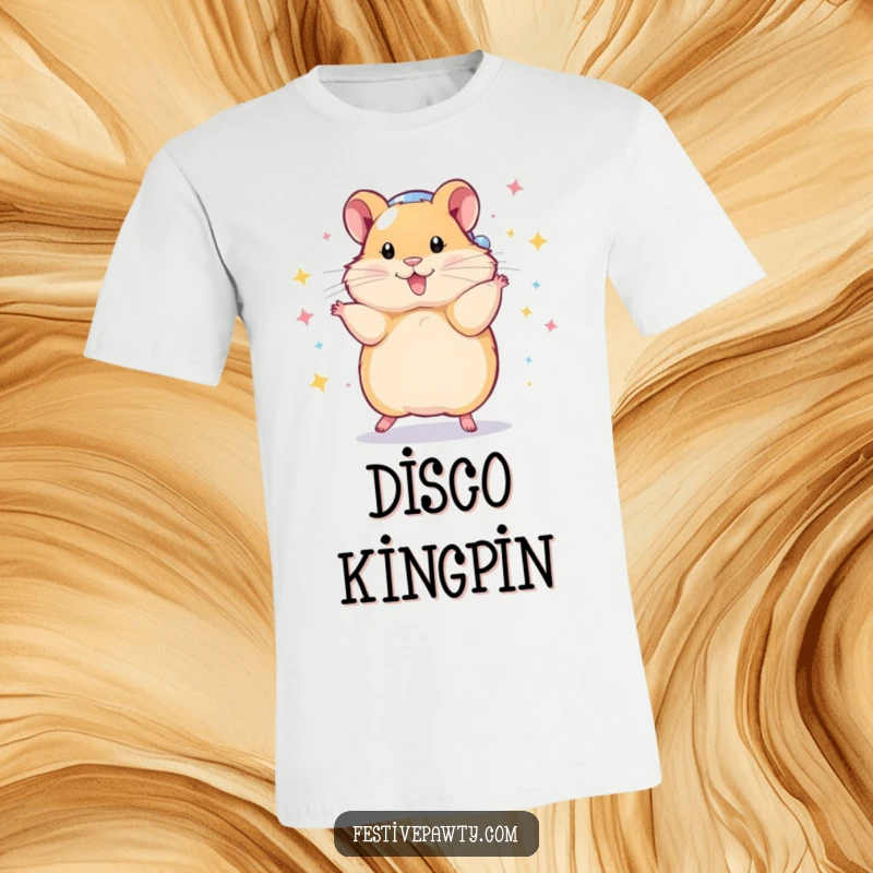 Funny T-Shirt showcasing a playful hamster dressed as a sparkling disco ball, performing a dynamic and dazzling spin, full of energy.