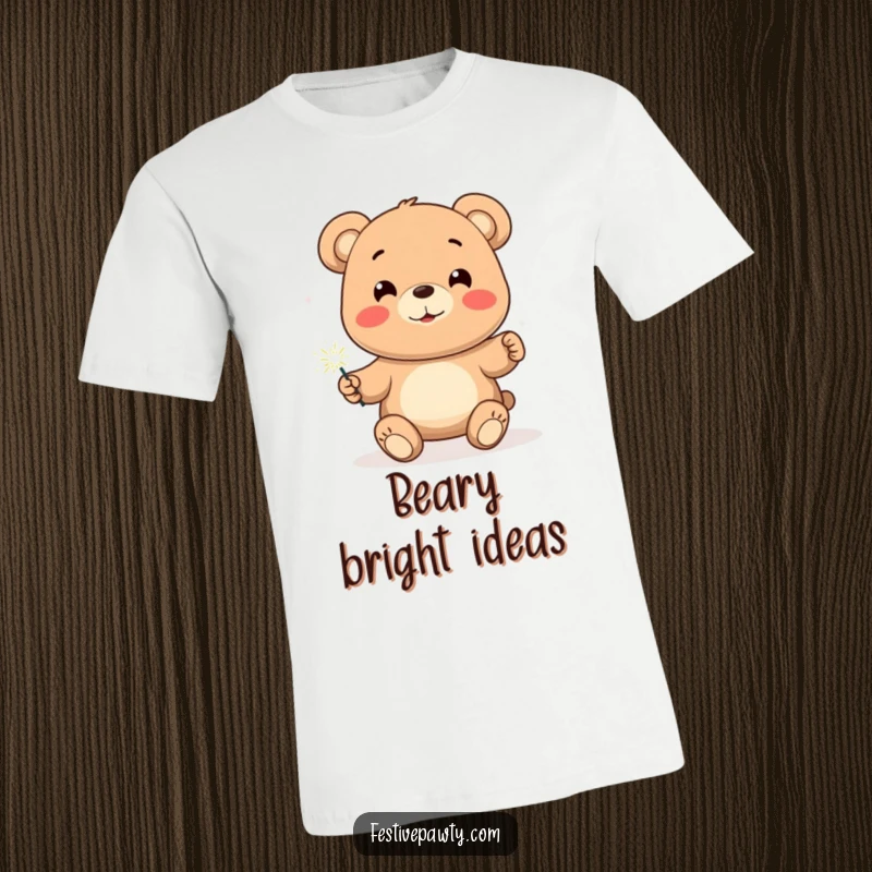Funny Bear T-Shirt featuring a smiling cartoon bear holding a brightly lit sparkler, embodying fun and celebration.