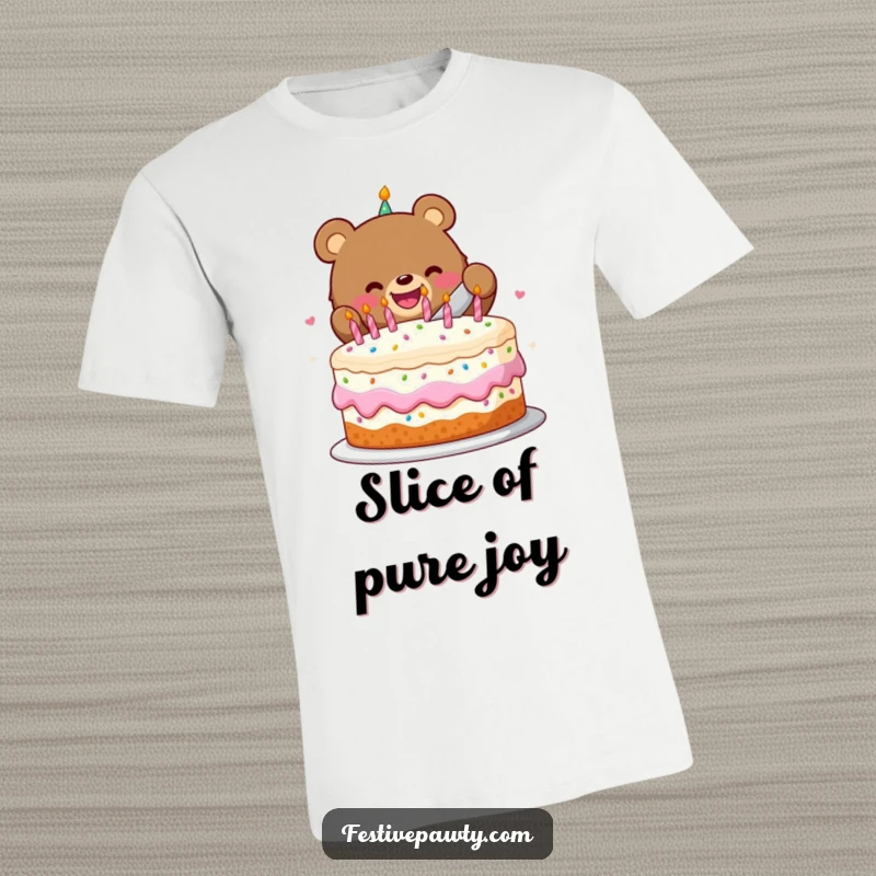 Funny t-shirt depicting a happy bear enthusiastically cutting into a large birthday cake, radiating pure celebratory joy.