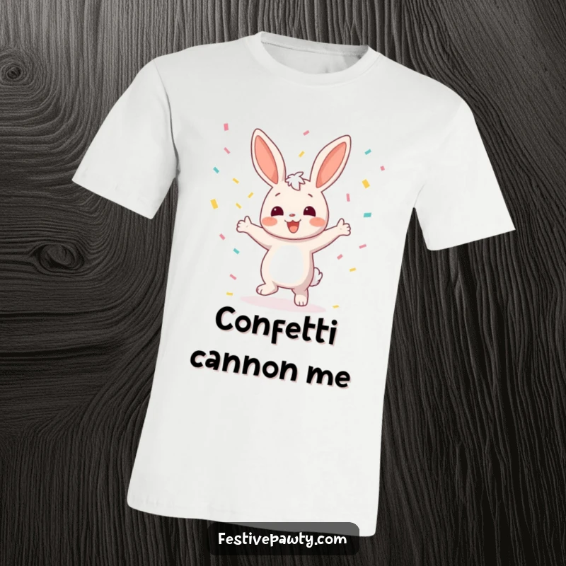 Funny Bunny T-Shirt: An illustration of a joyful bunny character dancing energetically amidst a shower of colorful confetti.
