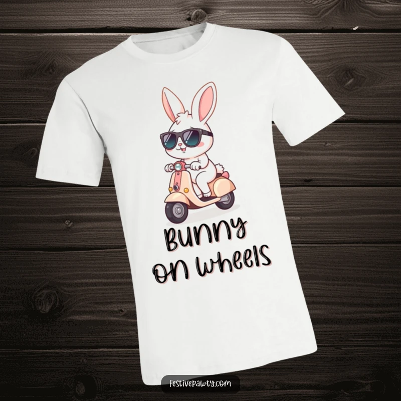 Funny T-Shirt depicting a cheerful bunny wearing dark sunglasses, joyfully riding a miniature scooter, embodying cool confidence and adventure.
