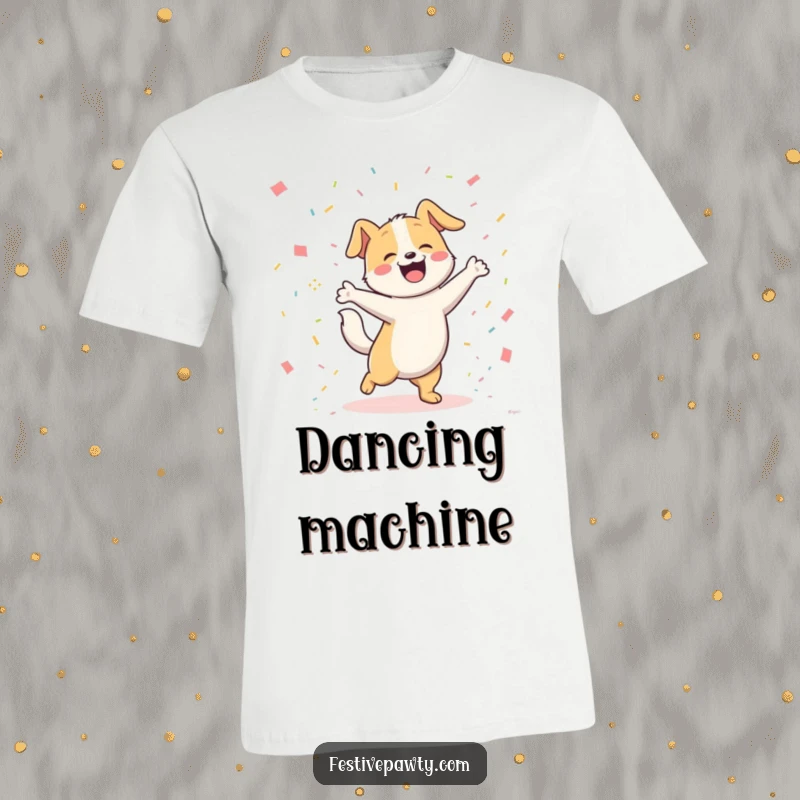 Funny joyful dog character happily dancing with its tail wagging furiously amongst colorful confetti on a comfortable t-shirt. Ideal for a funny gift.
