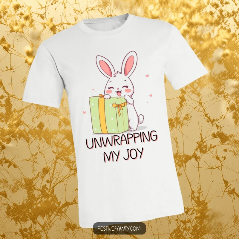 Funny T-Shirt: A joyful rabbit character excitedly tearing open a massive gift box with pure delight.