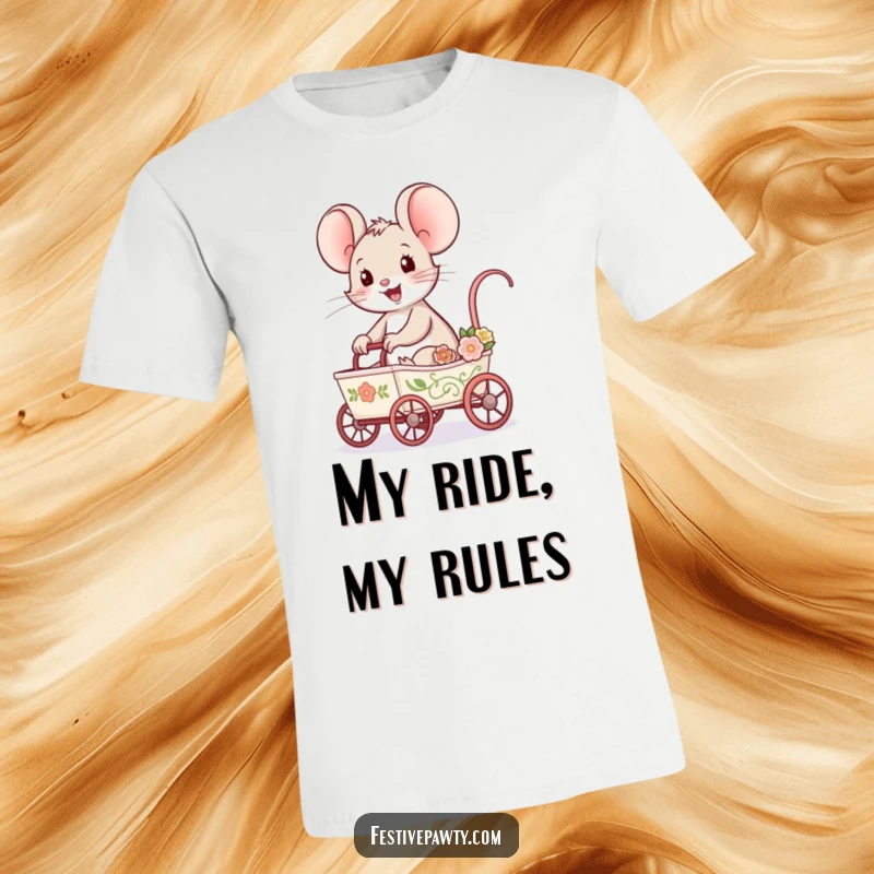 Funny Mouse T-Shirt showing a delighted mouse character gleefully riding in a tiny, decorated cart, radiating pure joy and adventure.