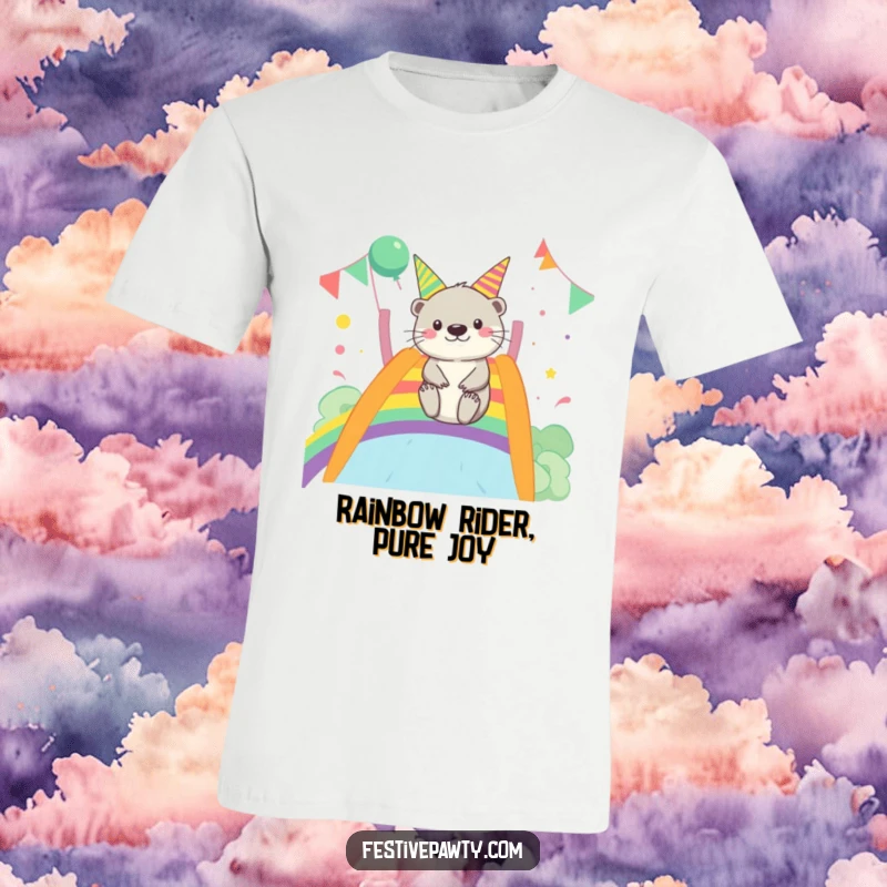 Funny Otter T-Shirt: A merry otter slides down a colorful rainbow with pure delight, showcasing joyful party vibes.