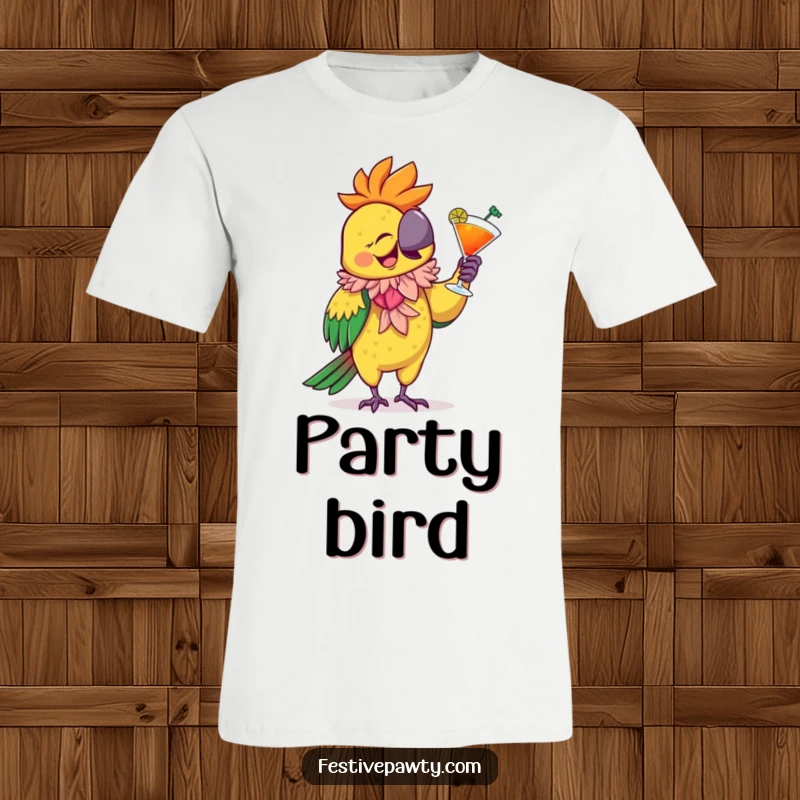 Funny T-Shirt depicting a giggling parrot adorned with a feathered boa, enthusiastically dancing with a vibrant cocktail, radiating tropical party vibes.