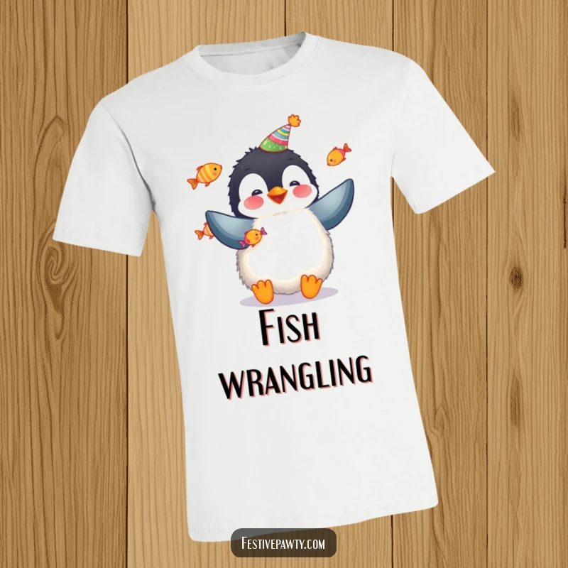 Funny penguin t-shirt featuring a fluffy penguin in a party hat expertly juggling colorful fish, full of cheer.