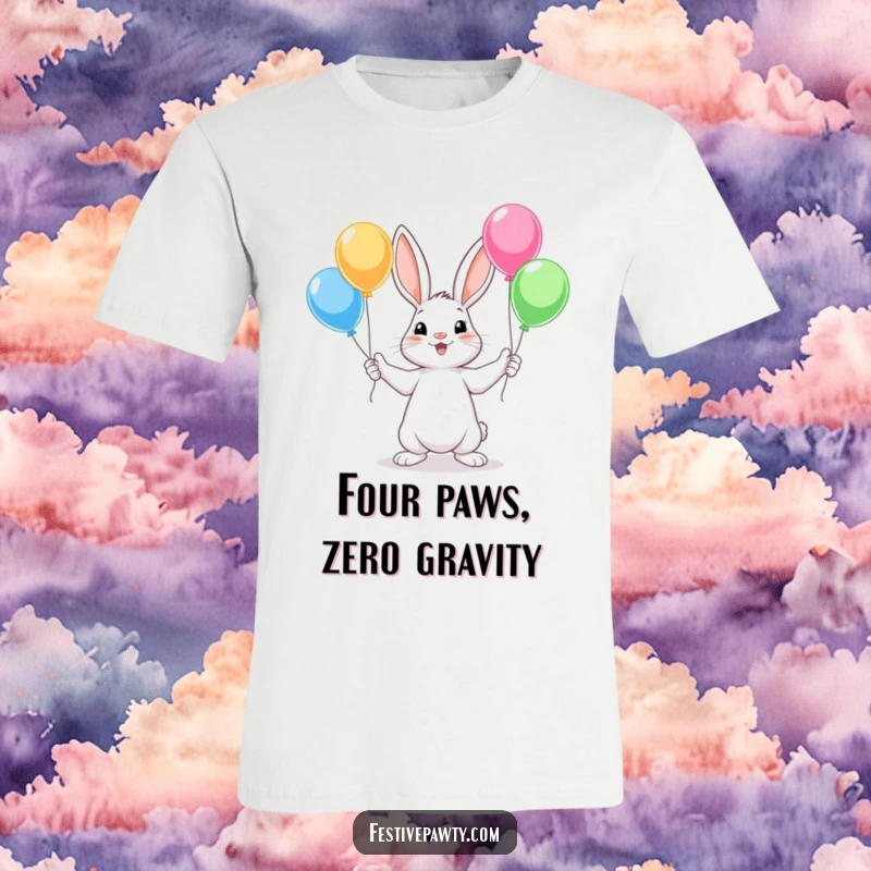 Funny Rabbit T-Shirt featuring a cute cartoon rabbit skillfully juggling colorful balloons with all four paws, showcasing energetic fun.