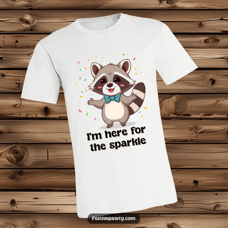 Funny T-shirt with a delighted raccoon in a bowtie, expertly juggling vibrant confetti, perfect for a humorous gift.