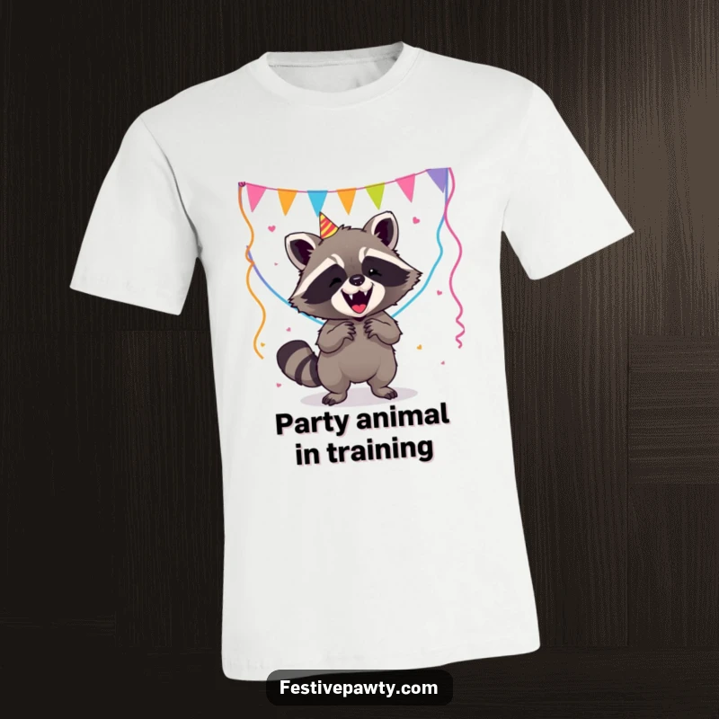 Funny Raccoon T-Shirt: A determined raccoon hilariously attempts to juggle vibrant party streamers, showcasing its comedic balancing act.