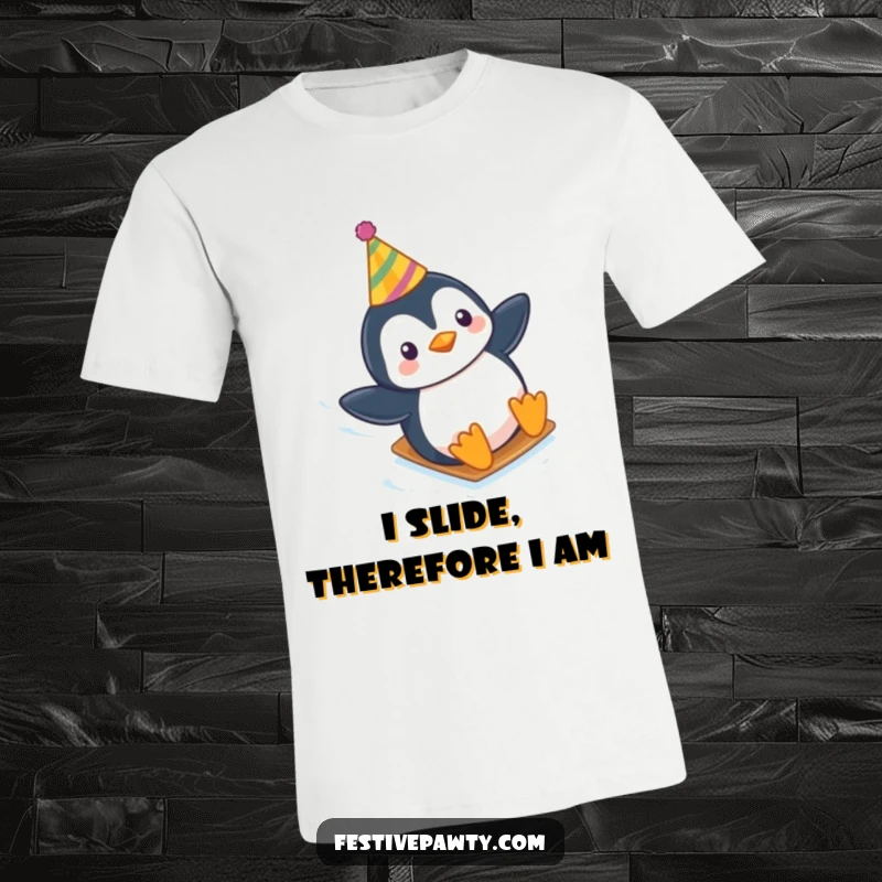 Funny t-shirt featuring a playful penguin in a party hat, having a blast sliding down an icy winter slope.