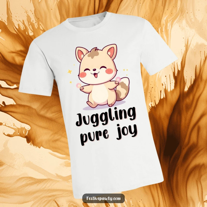 Funny t-shirt showing a joyful cartoon animal juggling dazzling, illuminated party lights, expressing happiness and the spirit of celebration.