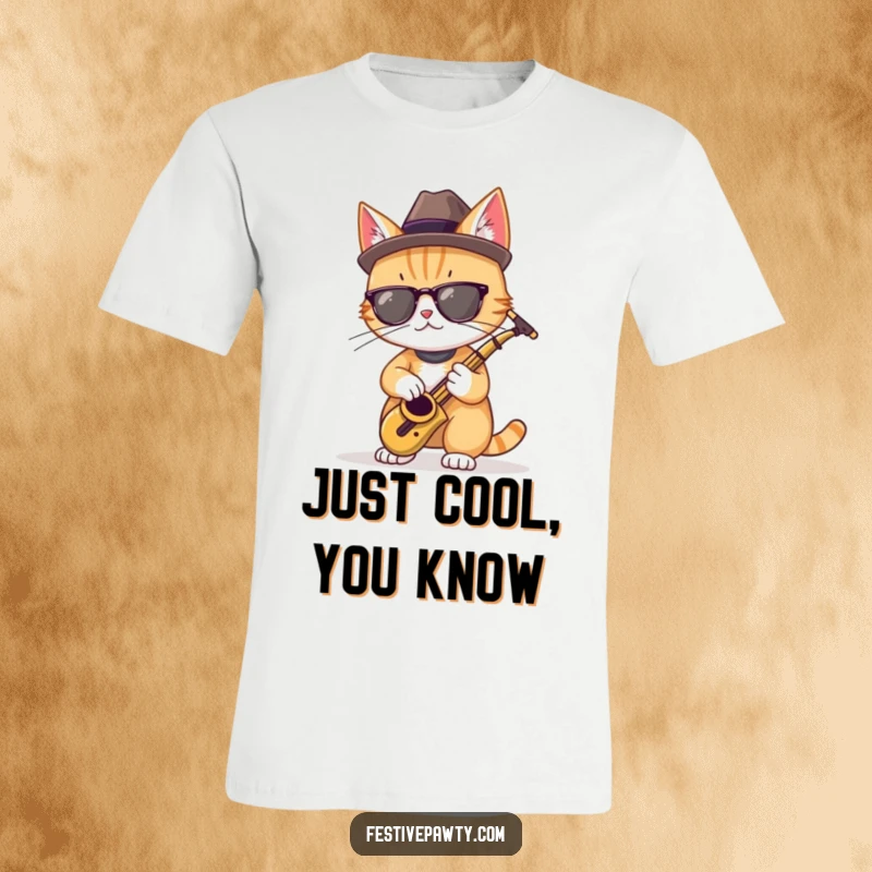 Funny T-shirt with a cool cat wearing a fedora, playing a tiny saxophone, ideal for music lovers.