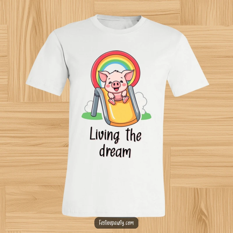 Funny T-Shirt: A happy pig enjoys a thrilling ride down a bright, colorful rainbow slide, radiating pure delight.