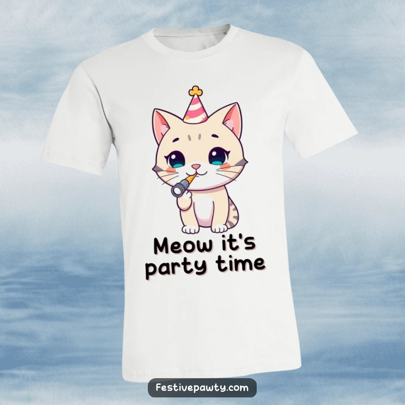 Funny Cat T-Shirt: A vibrant design of a cheerful cat in a party hat, enthusiastically blowing a noisemaker, perfect for festive occasions.
