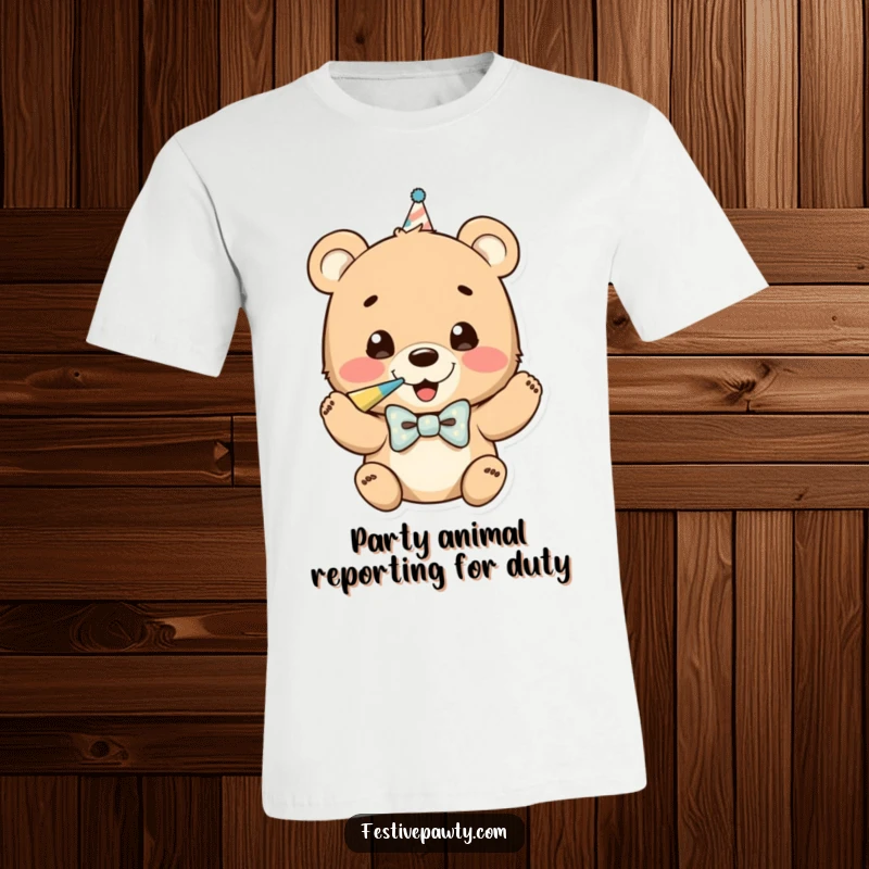 Funny t-shirt with a delighted bear cub wearing a bowtie, enthusiastically blowing a party horn, radiating pure joy.