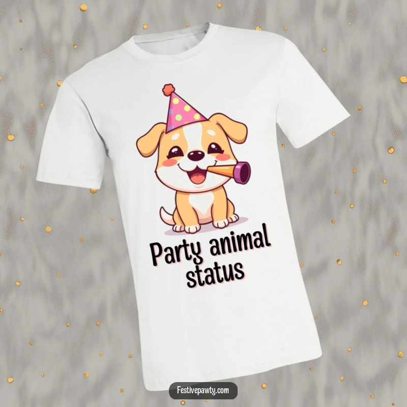 Funny dog character in a party hat gleefully blowing a noisemaker, featured on a t-shirt for a hilarious look.