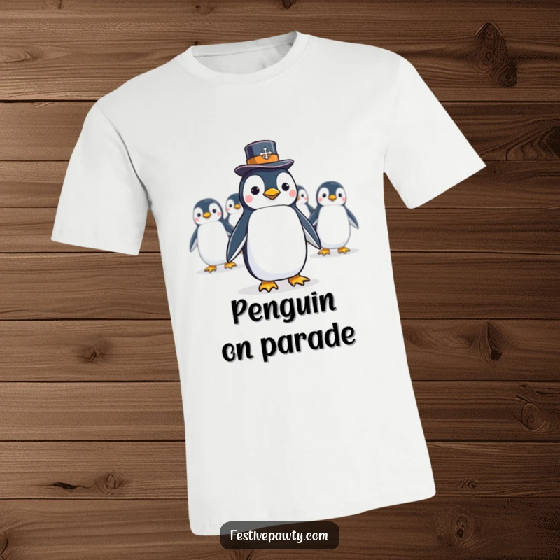 Funny T-Shirt showcasing a penguin in a tiny top hat leading an energetic conga line, radiating pure fun.