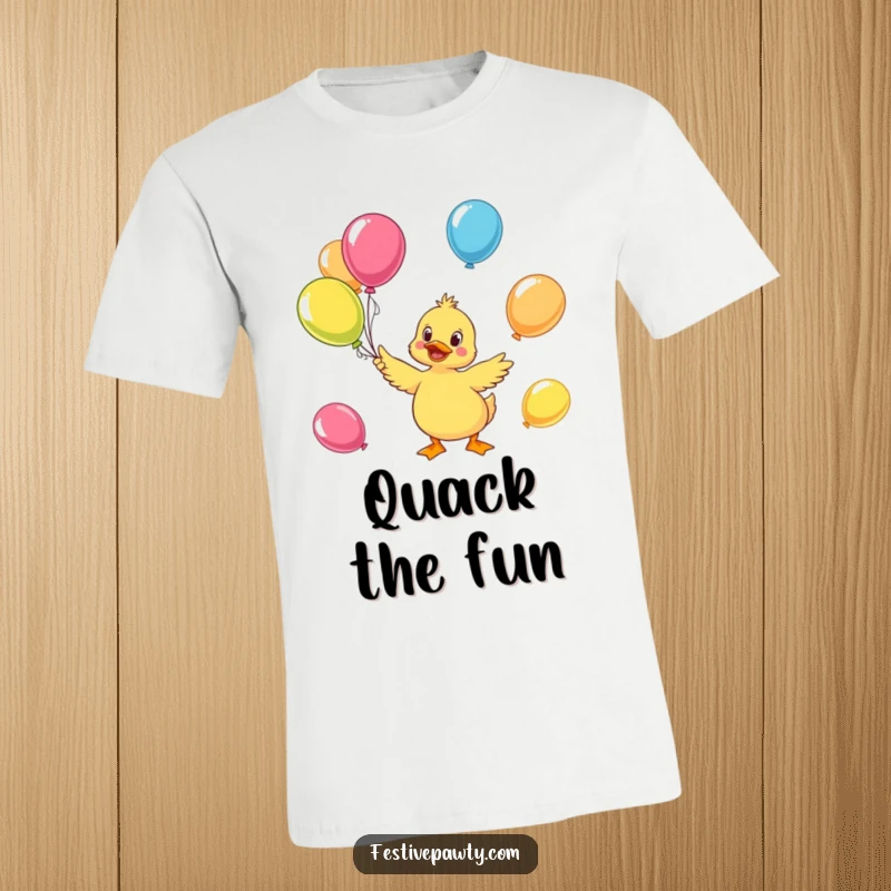 Funny duck t-shirt with a cheerful character juggling colorful balloons, representing happiness and lightheartedness.