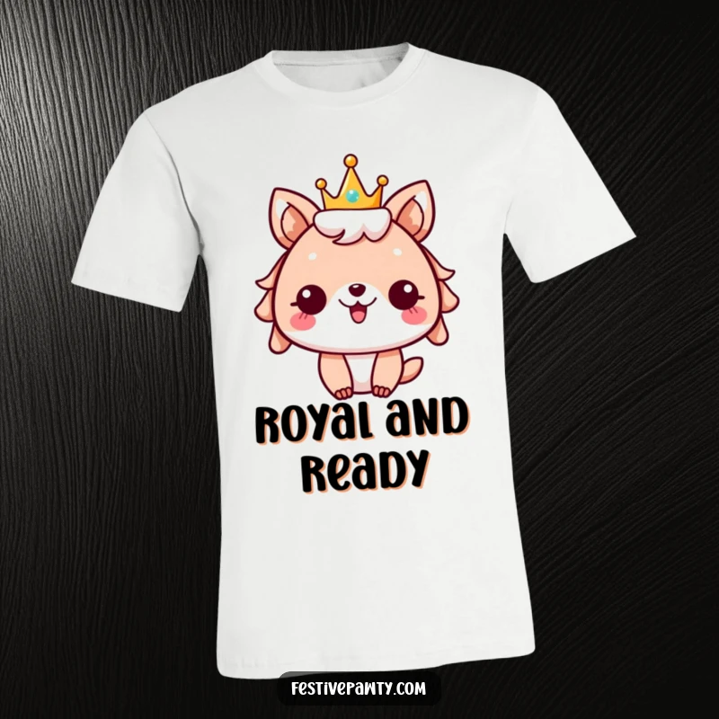 Funny festive animal t-shirt, character adorned with a sparkly crown, cheering with arms raised, embodying ultimate celebration.