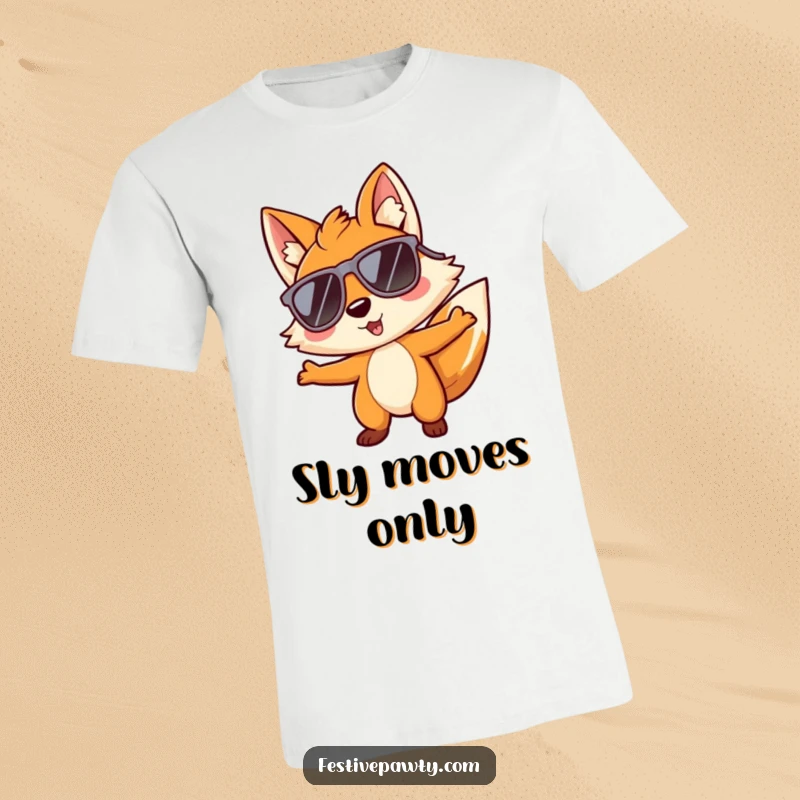Funny t-shirt of a playful fox character wearing huge sunglasses and grooving with infectious, cool energy.