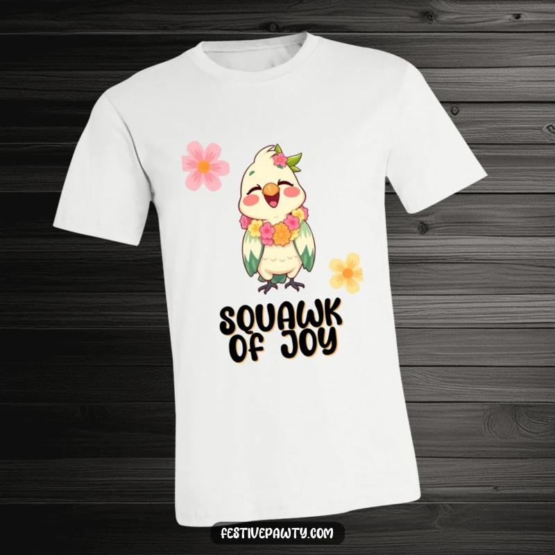 Funny Parrot T-Shirt showing a giggling parrot wearing a colorful, festive lei, embodying a cheerful and tropical party spirit.