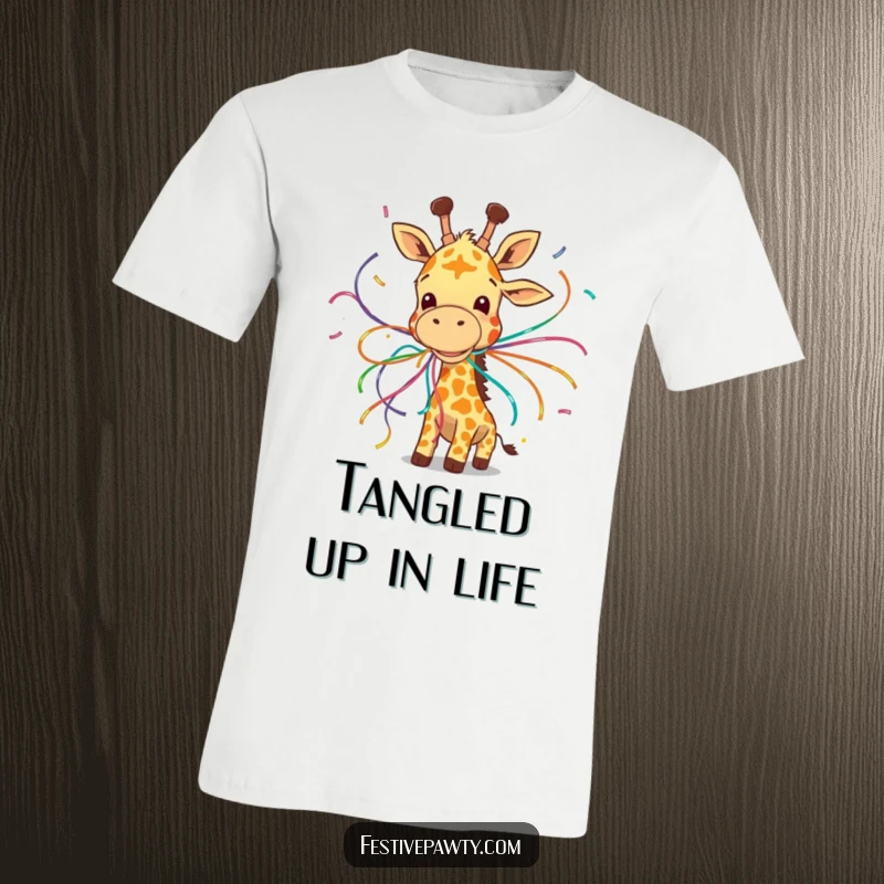Funny t-shirt depicting a giggling giraffe hilariously tangled in colorful streamers, expressing pure joy and amusement.